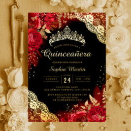 Invitación Con Relieve Metalizado Dorado Red Black Floral Lace Quinceanera