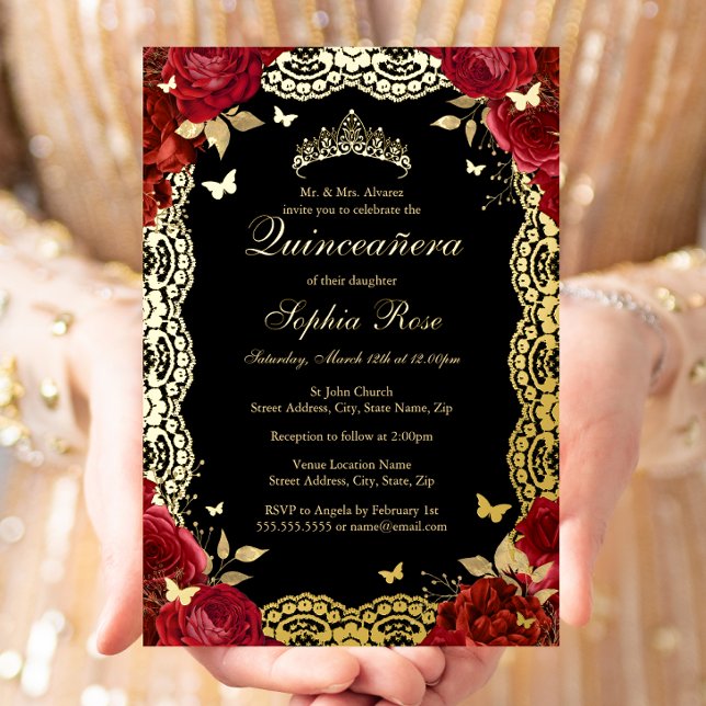 Invitación Con Relieve Metalizado Dorado Red Black Rosa Lace Quinceanera Cumpleaños (Subido por el creador)