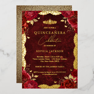 Invitación Con Relieve Metalizado Dorado Red Rose Lace Quinceanera Cumpleaños
