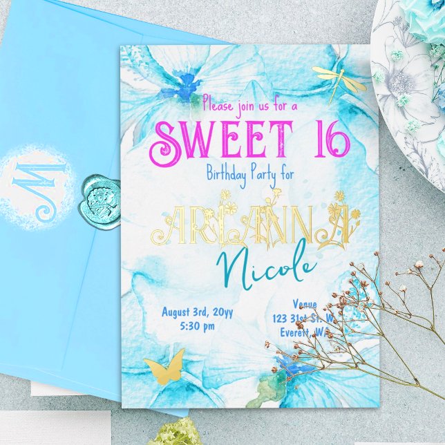 Invitación Con Relieve Metalizado Dorado rosa turquesa dulce 16 letras florales (Turquoise, cyan, Sweet 16 party invitation with gold foil letters & Whimsical dragonfly & butterfly.)