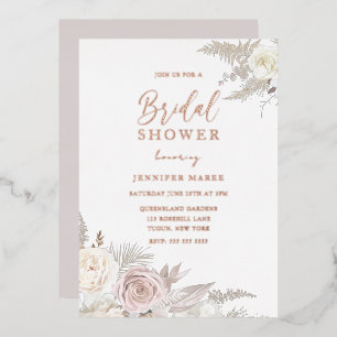 Invitación Con Relieve Metalizado Dorado Rosa y marfil floral ducha de novia Rosa