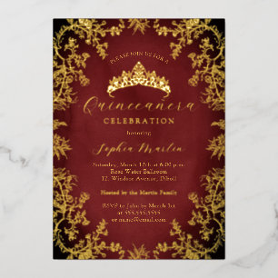 Invitación Con Relieve Metalizado Dorado Royal Red Elegante Vintage Quinceanera