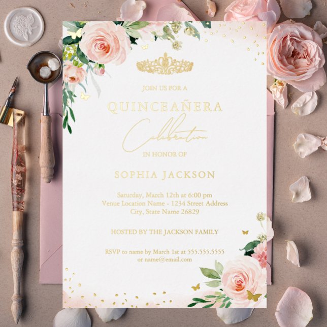 Invitación Con Relieve Metalizado Dorado Rubor Floral Quinceanera Cumpleaños (Subido por el creador)