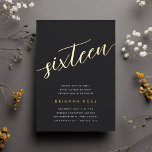 Invitación Con Relieve Metalizado Dorado Script Sweet 16 Fiesta de cumpleaños<br><div class="desc">Celebra su cumpleaños con estas invitaciones de la fiesta de cumpleaños número 16 de la moda,  que incluyen "dieciséis" en letras de guión esbozadas a mano de Relieve metalizado oro moderno. Personalice con los detalles de su fiesta debajo. Una elección de lujo inolvidable para fabulosas celebraciones de cumpleaños 16.</div>