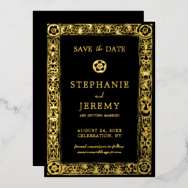 Invitación Con Relieve Metalizado Dorado y elegante negro salven la fecha