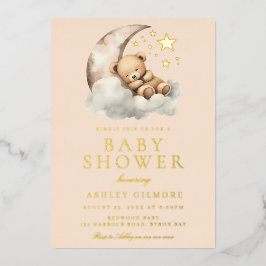 Invitación Con Relieve Metalizado Dormir el osito de peluche en la luna Baby Shower 