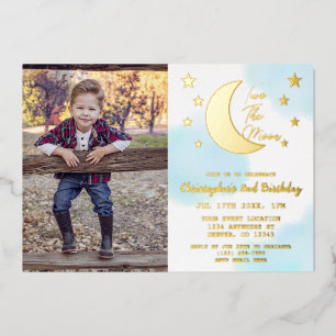 Invitación Con Relieve Metalizado Dos a la Luna 2do Cumpleaños