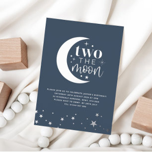 Invitación Con Relieve Metalizado Dos a la Luna Azul Marina Cumpleaños Plata
