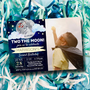 Invitación Con Relieve Metalizado Dos al cumpleaños 2 de la Luna Foto Real