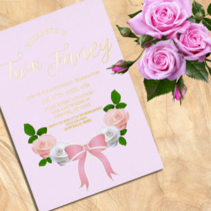 Invitación Con Relieve Metalizado Dos cumpleaños floral Fancy Bow