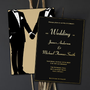 Invitación Con Relieve Metalizado Dos novios traje de etiqueta negro elegante oro bo