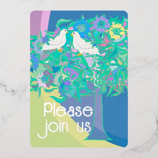 Invitación Con Relieve Metalizado Dos palomas blancas estilo Art Decó (Anverso)