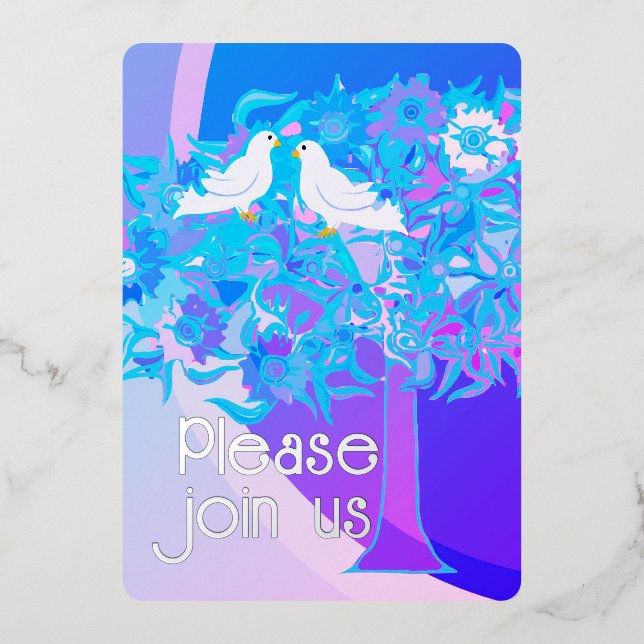 Invitación Con Relieve Metalizado Dos palomas blancas estilo Art Decó (Anverso)