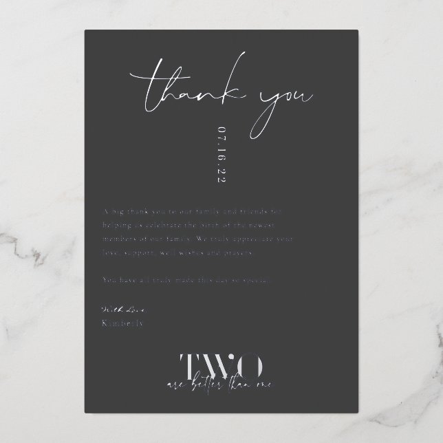 Invitación Con Relieve Metalizado Dos son mejores que uno | Baby Shower Gracias (Anverso)