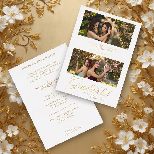 Invitación Con Relieve Metalizado Double Graduation Chic Golden 2 Photos Modern (Double Graduation Chic Golden 2 Photos Modern Script Real Metallic Foil Invitation Card.)