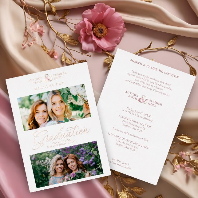 Invitación Con Relieve Metalizado Double Graduation Chic Rose Gold 2 Photos Modern  (Double Graduation Chic Rose Gold 2 Photos Modern Script Real Metallic Foil Invitation Card.)