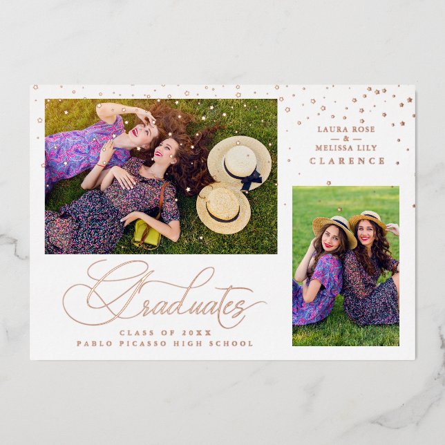 Invitación Con Relieve Metalizado Double Graduation Luxury Rose Gold 2 Photos Stars (Anverso)