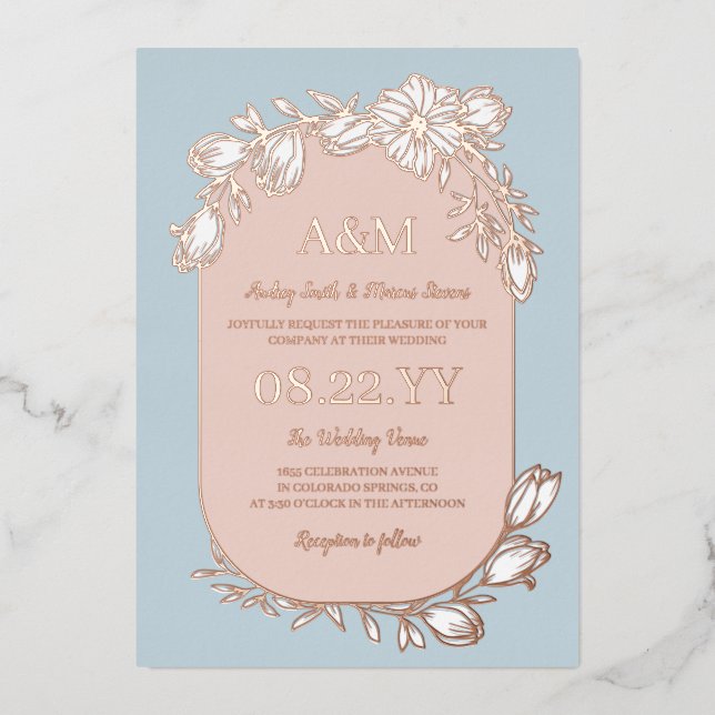 Invitación Con Relieve Metalizado Dove Blue Rosa Gold Boda de marco floral blanco (Anverso)