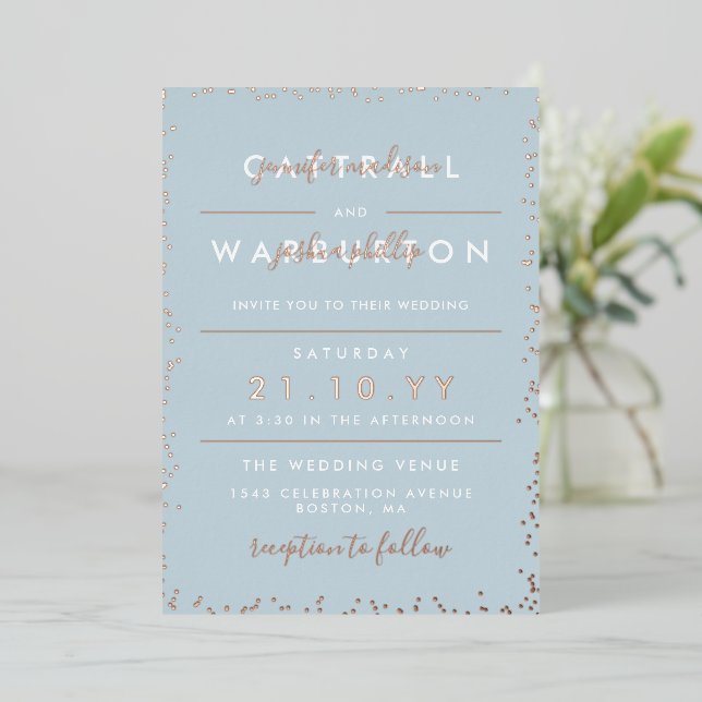 Invitación Con Relieve Metalizado Dove Blue y Rosa Tipografía de Oro Boda Confetti (Anverso de pie)