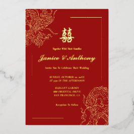 Invitación Con Relieve Metalizado Dragon Phoenix Boda Tradicional Chino Rojo
