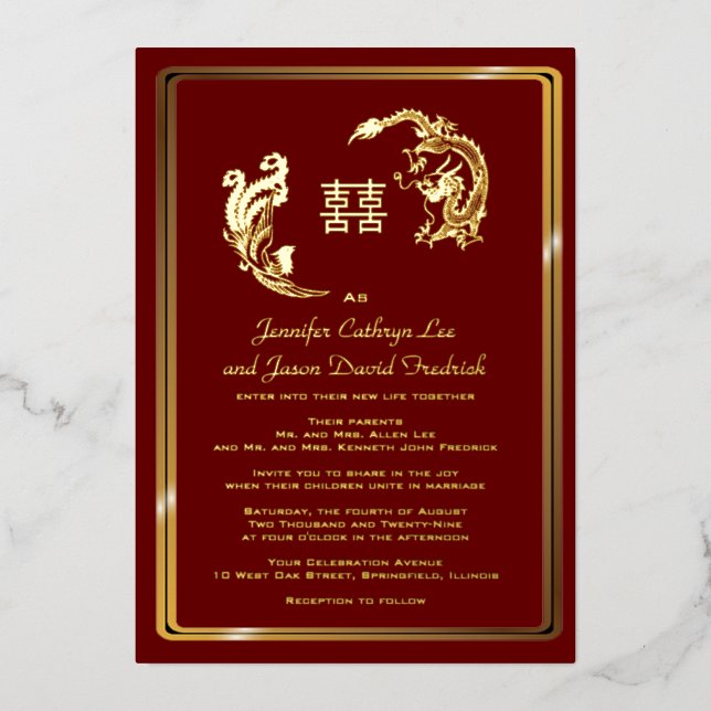 Invitación Con Relieve Metalizado Dragon Phoenix Double Happiness Boda Gold (Anverso)
