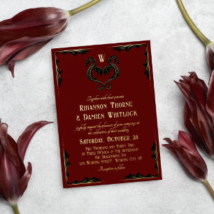 Invitación Con Relieve Metalizado Dragón rojo negro de oro Monograma Boda de fantasí