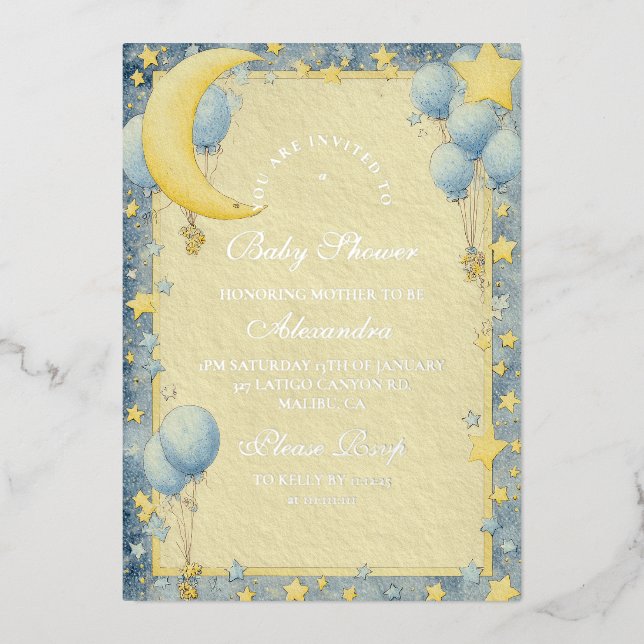 Invitación Con Relieve Metalizado Dreamy Night Sky Baby Shower (Anverso)