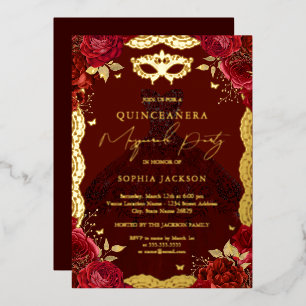 Invitación Con Relieve Metalizado Dress de quinceañera de fiesta de máscaras de oro