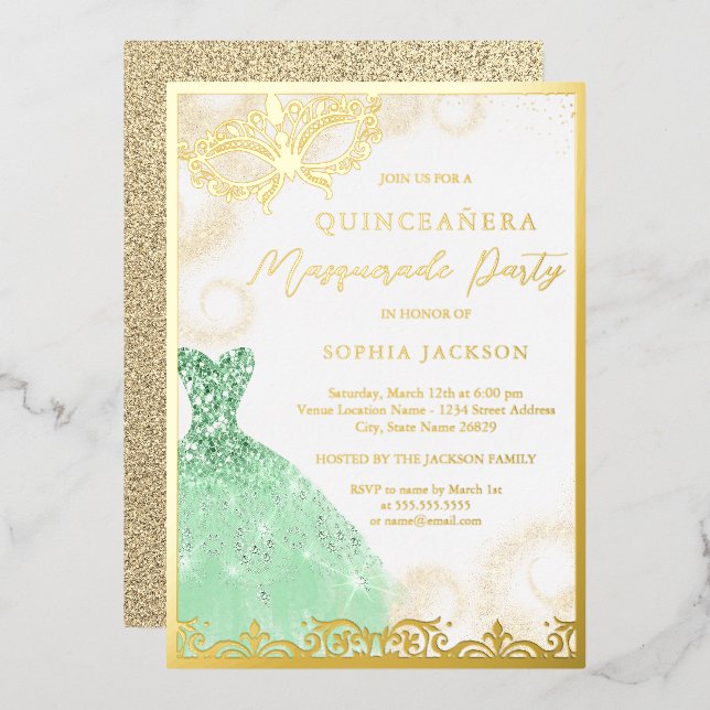 Invitación Con Relieve Metalizado Dress Gold Green Masquerade Fiesta Quinceanera (Anverso/Reverso)