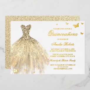 Invitación Con Relieve Metalizado Dress Quinceañera Mariposa de HOJALATA