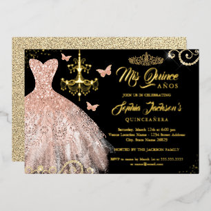 Invitación Con Relieve Metalizado Dress Quinceanera Mariposa Negra de Oro Rosa Tiara