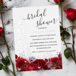 Invitación Con Relieve Metalizado Dress Rosa Floral Rosa Plateado Bridal Shower