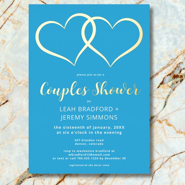 Invitación Con Relieve Metalizado Ducha azul francesa de dos corazones mínima (Minimal Two Hearts French Blue Couple Shower Photo Foil Invitation)