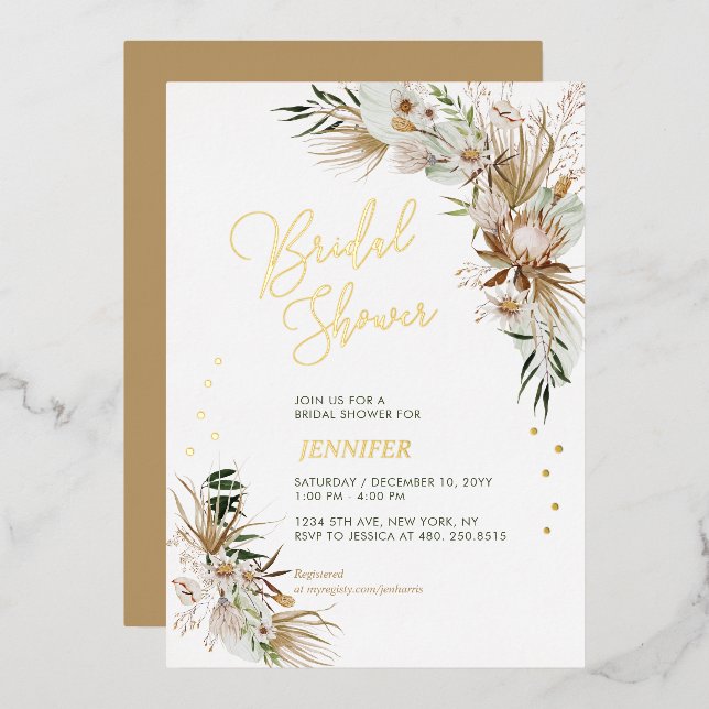 Invitación Con Relieve Metalizado Ducha Botánica Bridal Boho Green & Gold (Anverso/Reverso)