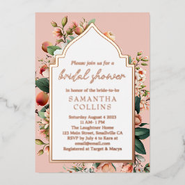 Invitación Con Relieve Metalizado Ducha Botánica Bridal Southern Peach