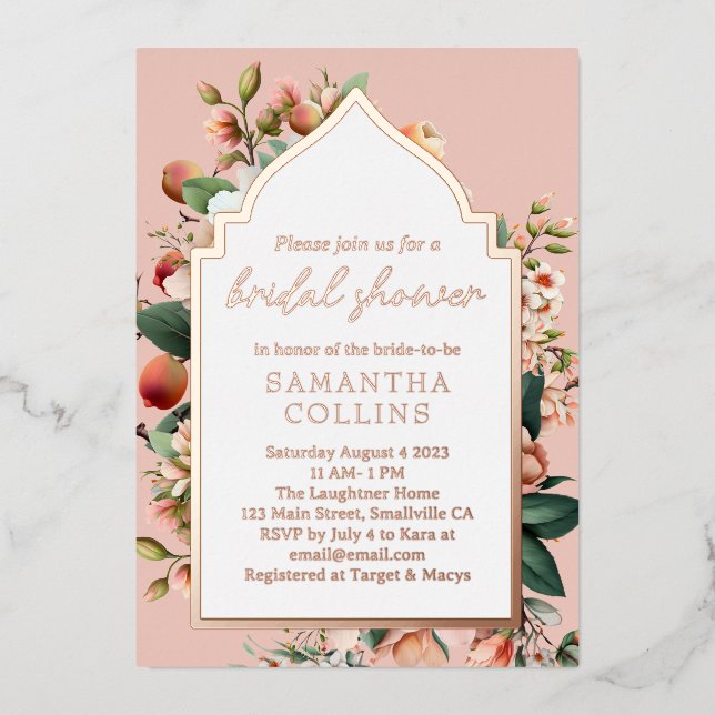 Invitación Con Relieve Metalizado Ducha Botánica Bridal Southern Peach (Anverso)