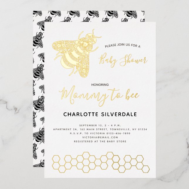 Invitación Con Relieve Metalizado Ducha de Bebé Abeja (Anverso/Reverso)