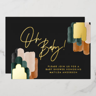 Invitación Con Relieve Metalizado Ducha de bebé acuarela abstracta terracota verde