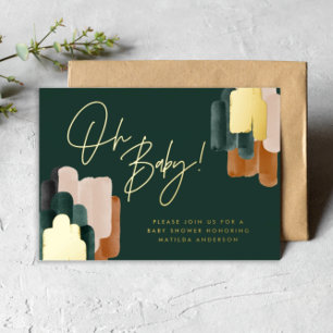 Invitación Con Relieve Metalizado Ducha de bebé acuarela abstracta terracota verde