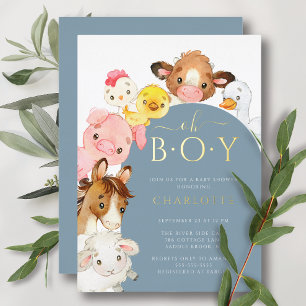Invitación Con Relieve Metalizado Ducha de Bebé Amigos de Granja
