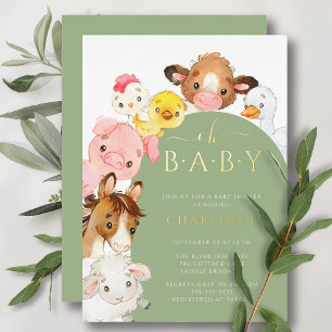 Invitación Con Relieve Metalizado Ducha de Bebé Amigos de Granja