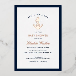Invitación Con Relieve Metalizado Ducha de bebé ancla náutica