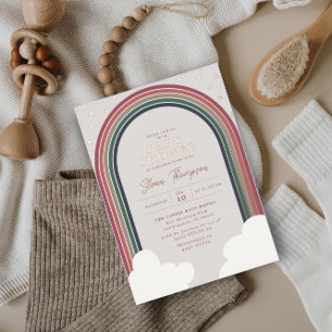 Invitación Con Relieve Metalizado Ducha de bebé arcoíris colores suaves niña rosa