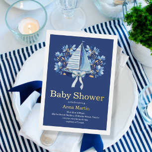 Invitación Con Relieve Metalizado Ducha de Bebé Barcos Azules y Lazos