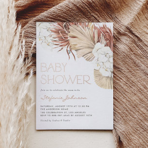 Invitación Con Relieve Metalizado Ducha de bebé boho Palma seca y orquídea blanca