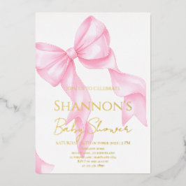 Invitación Con Relieve Metalizado Ducha de Bebé Coquette con Lazo Rosa