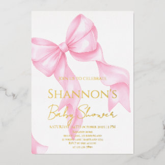 Invitación Con Relieve Metalizado Ducha de Bebé Coquette con Lazo Rosa