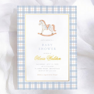 Invitación Con Relieve Metalizado Ducha de bebé de caballo mecedor vintage de gingha