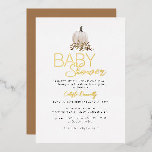 Invitación Con Relieve Metalizado Ducha de bebé de calabaza boho rústica blanca de p