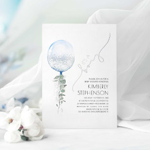 Invitación Con Relieve Metalizado Ducha de bebé de globos de vegetación azul y plate